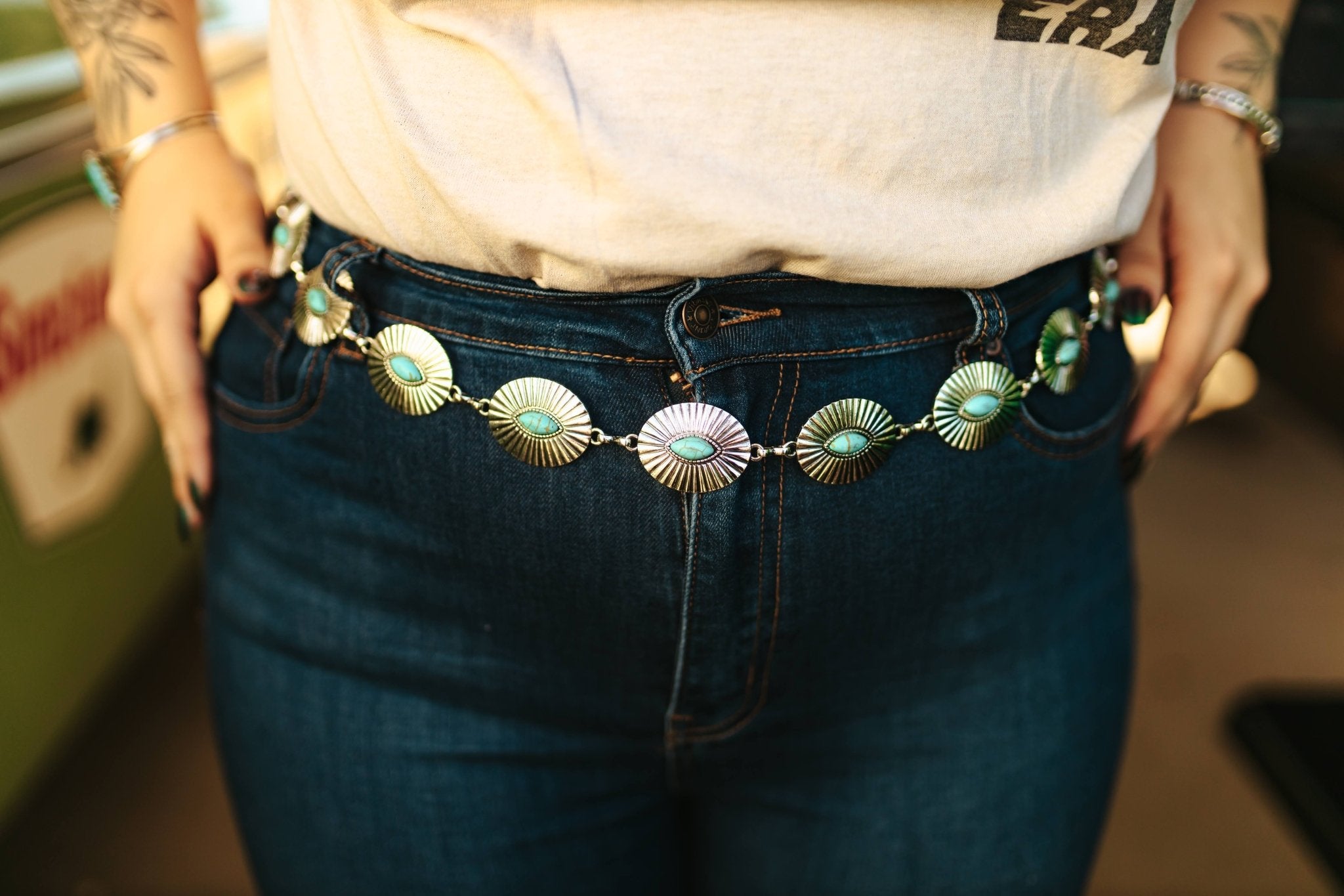 Oval Turquoise Concho Chain Belt – Wild Junkie