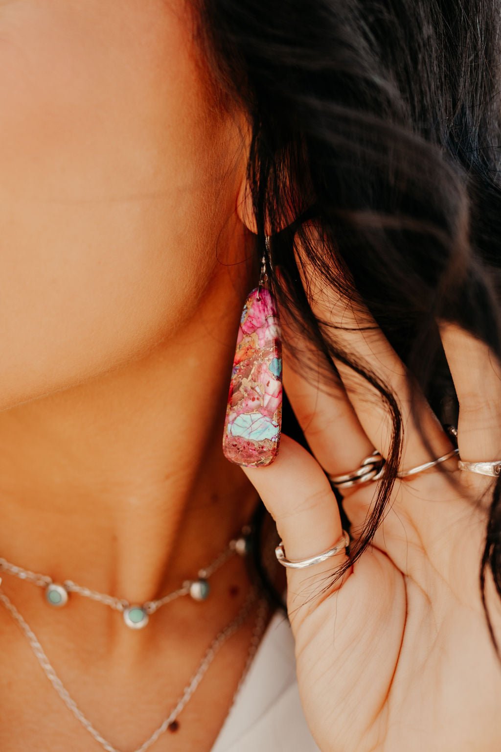 Sterling Silver Pink Dahlia Slab Earrings