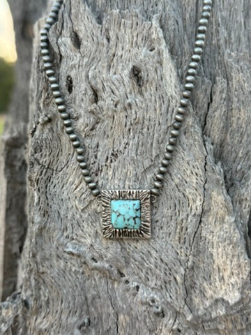 Square Turquoise Pendant Beaded Choker