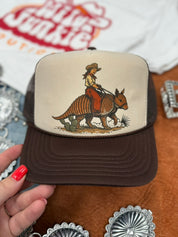 Cowgirl Riding Armadillo Trucker HatBrown