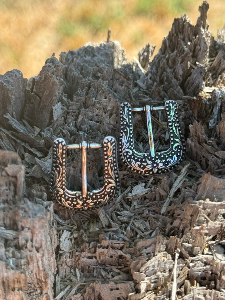 Small Floral Etched Belt Buckle Post Earrings