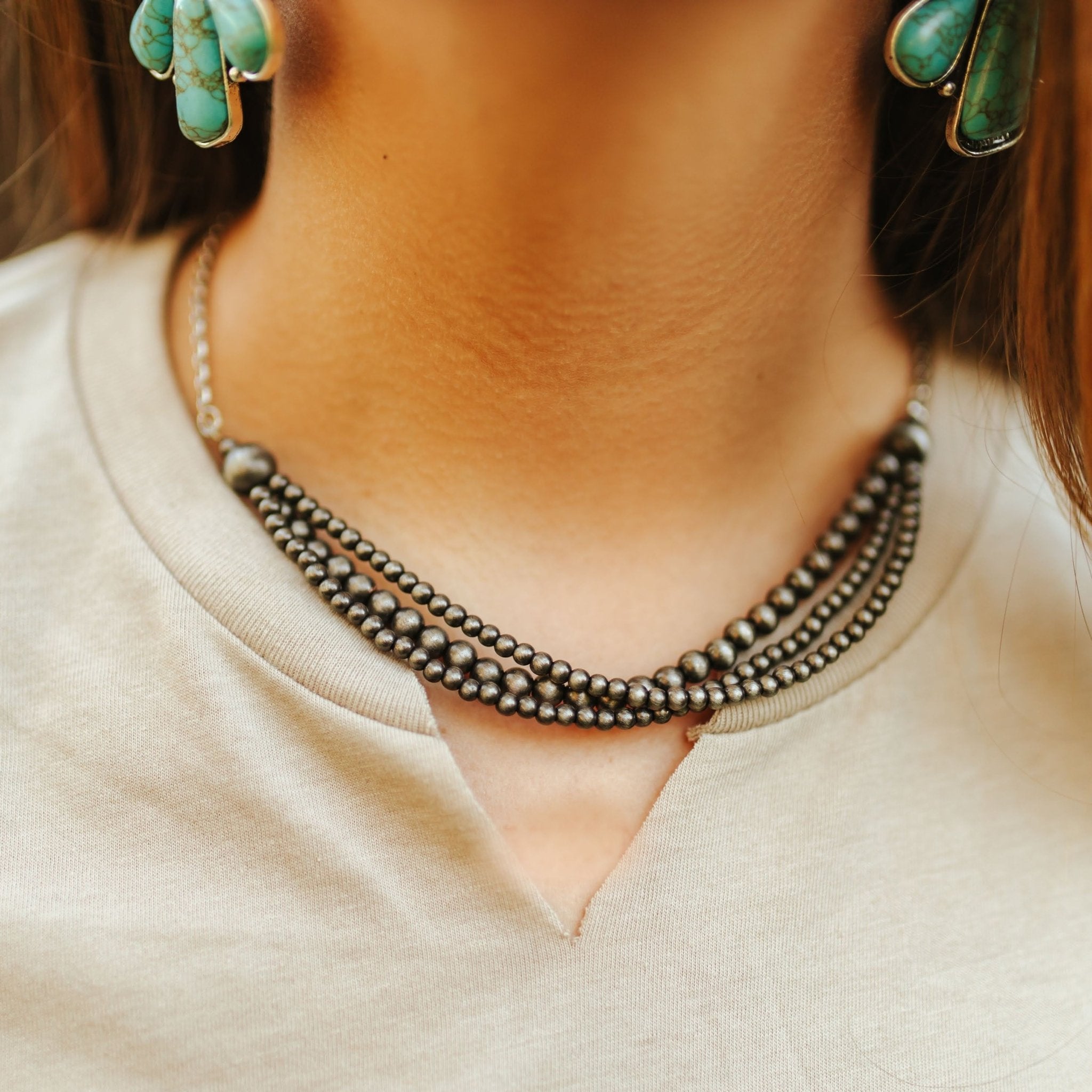 3 - Strand Silver Pearl Chain Necklace