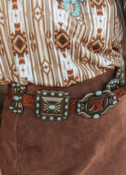 Ribbon Square Concho Genuine Leather Belt