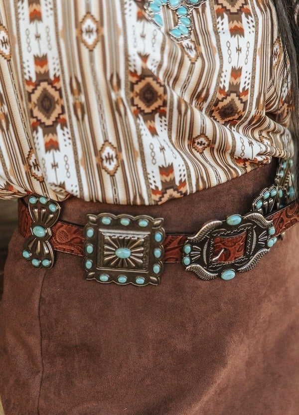 Ribbon Square Concho Genuine Leather Belt