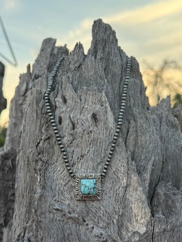 Square Turquoise Pendant Beaded Choker
