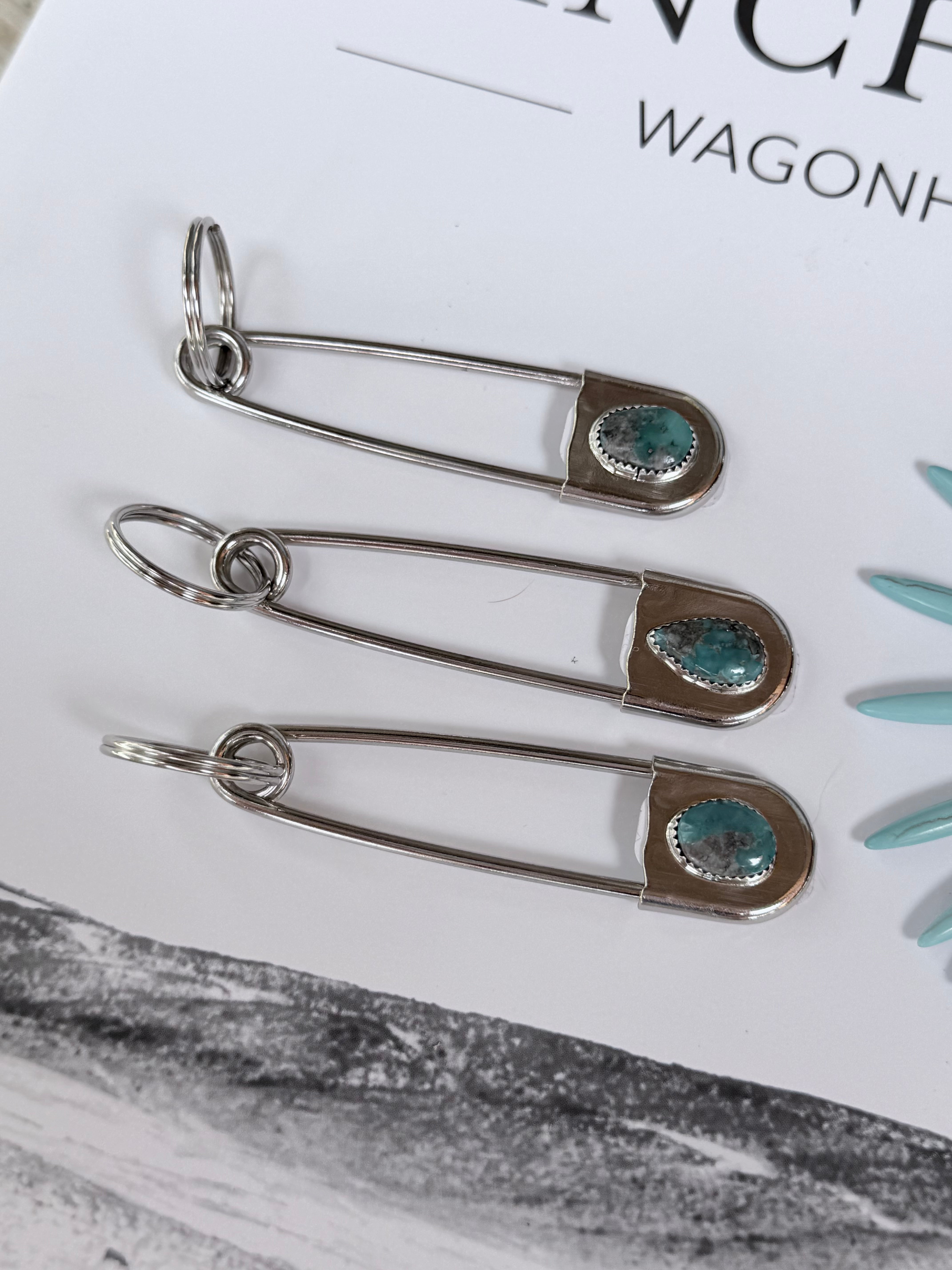 Silver Turquoise Safety Pin Keychain