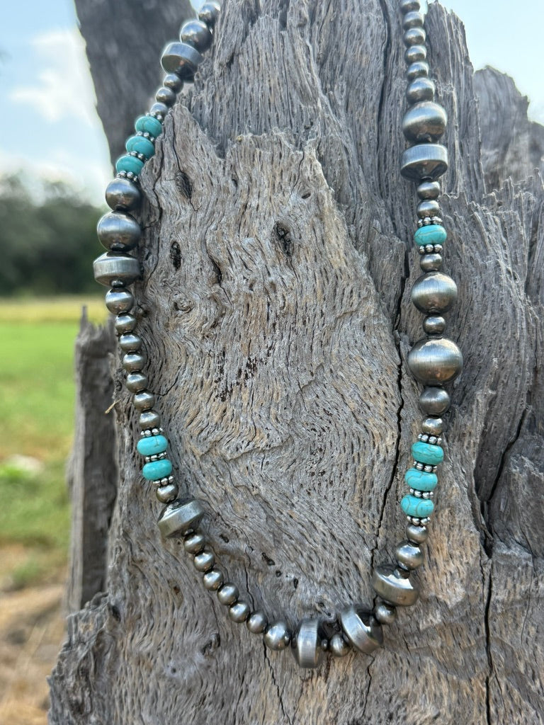 Turquoise Rondelle & Silver Beaded Necklace