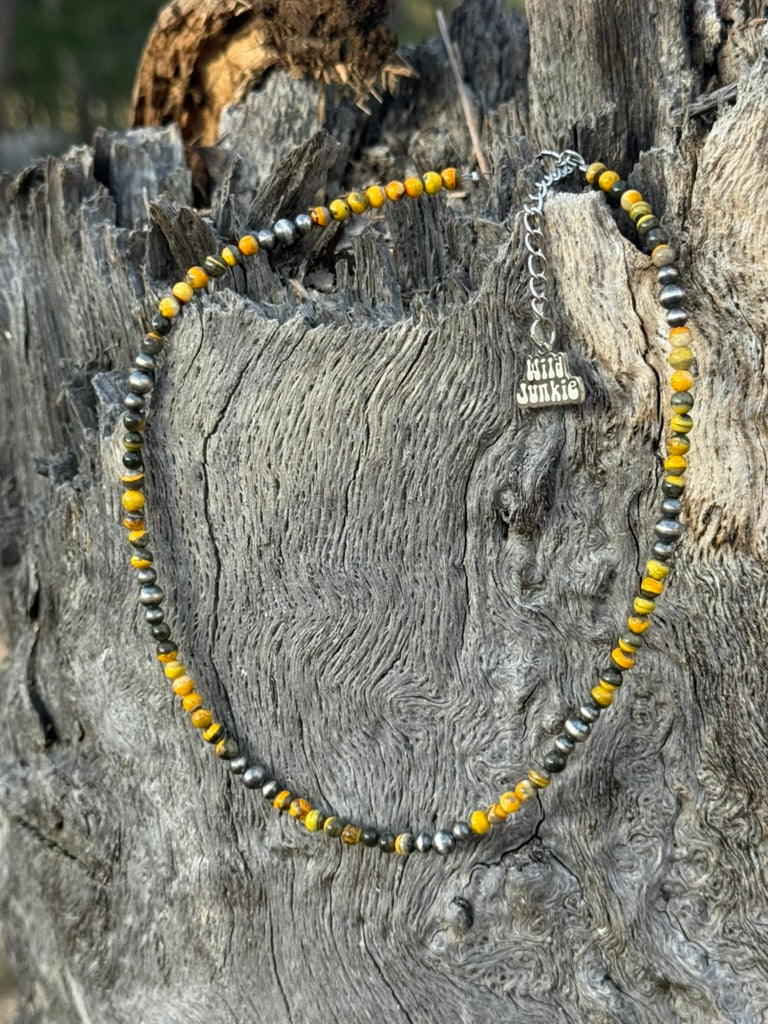 Bumblebee and Silver Pearl Beaded Choker