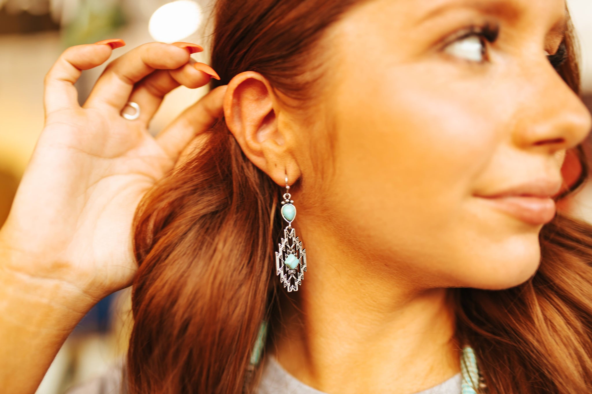 Silver Aztec Flats Earrings with Turquoise Stones