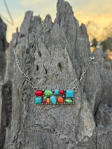 Western Multi-Shape Stone Bar Chain Necklace