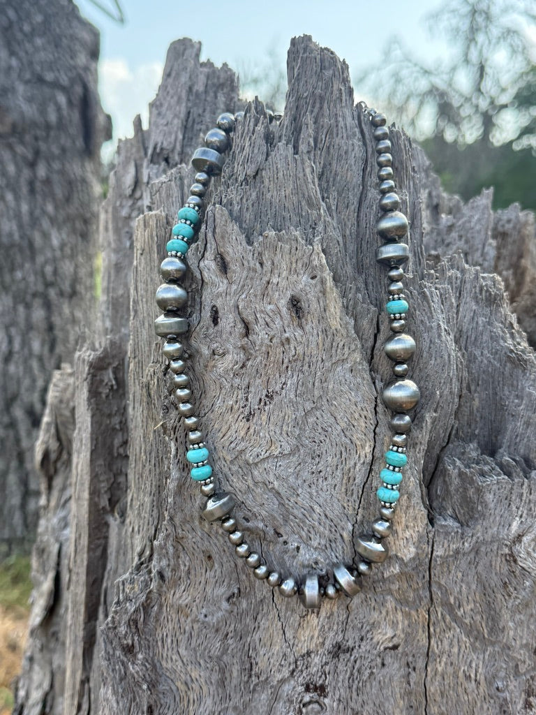 Turquoise Rondelle & Silver Beaded Necklace