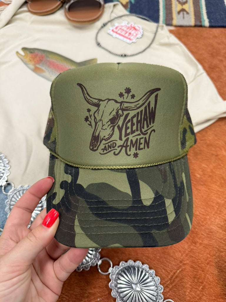 Yeehaw and Amen Longhorn Camo Trucker HatCamo
