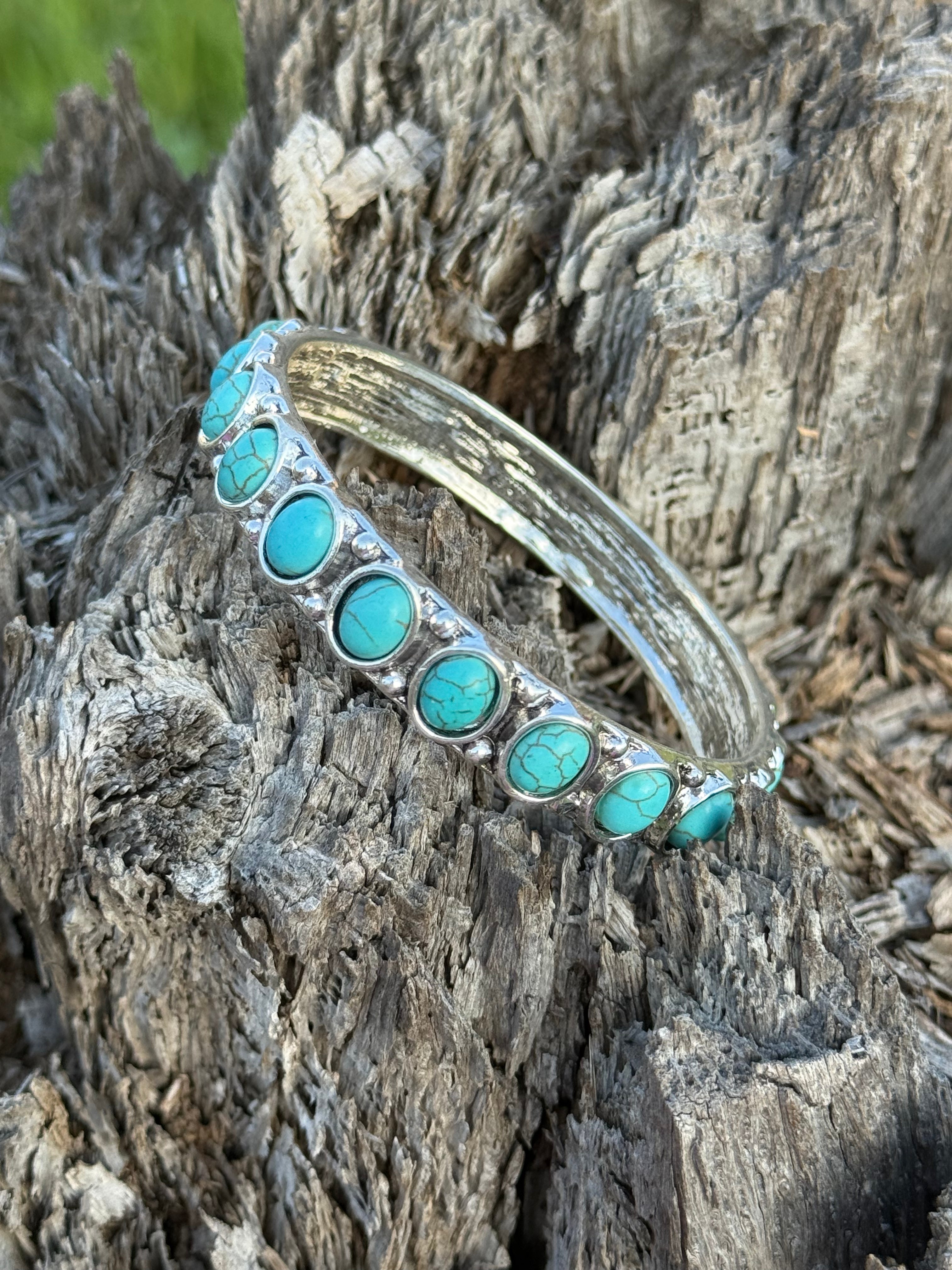 Turquoise Oval Stone Pave Bangle Bracelet