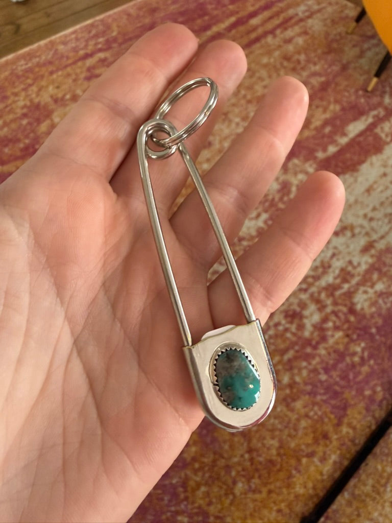 Silver Turquoise Safety Pin Keychain