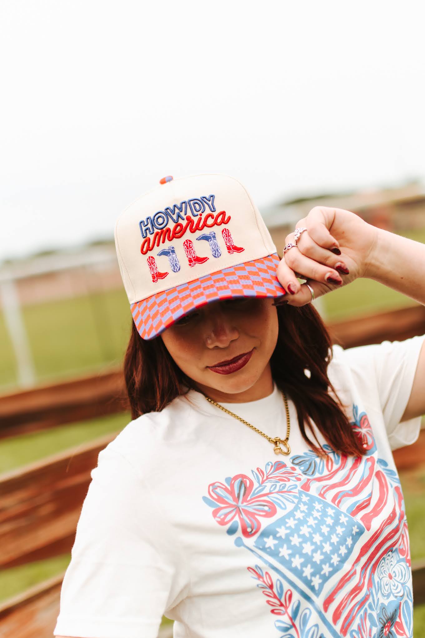 Checkered Howdy America Embroidered Trucker Hat