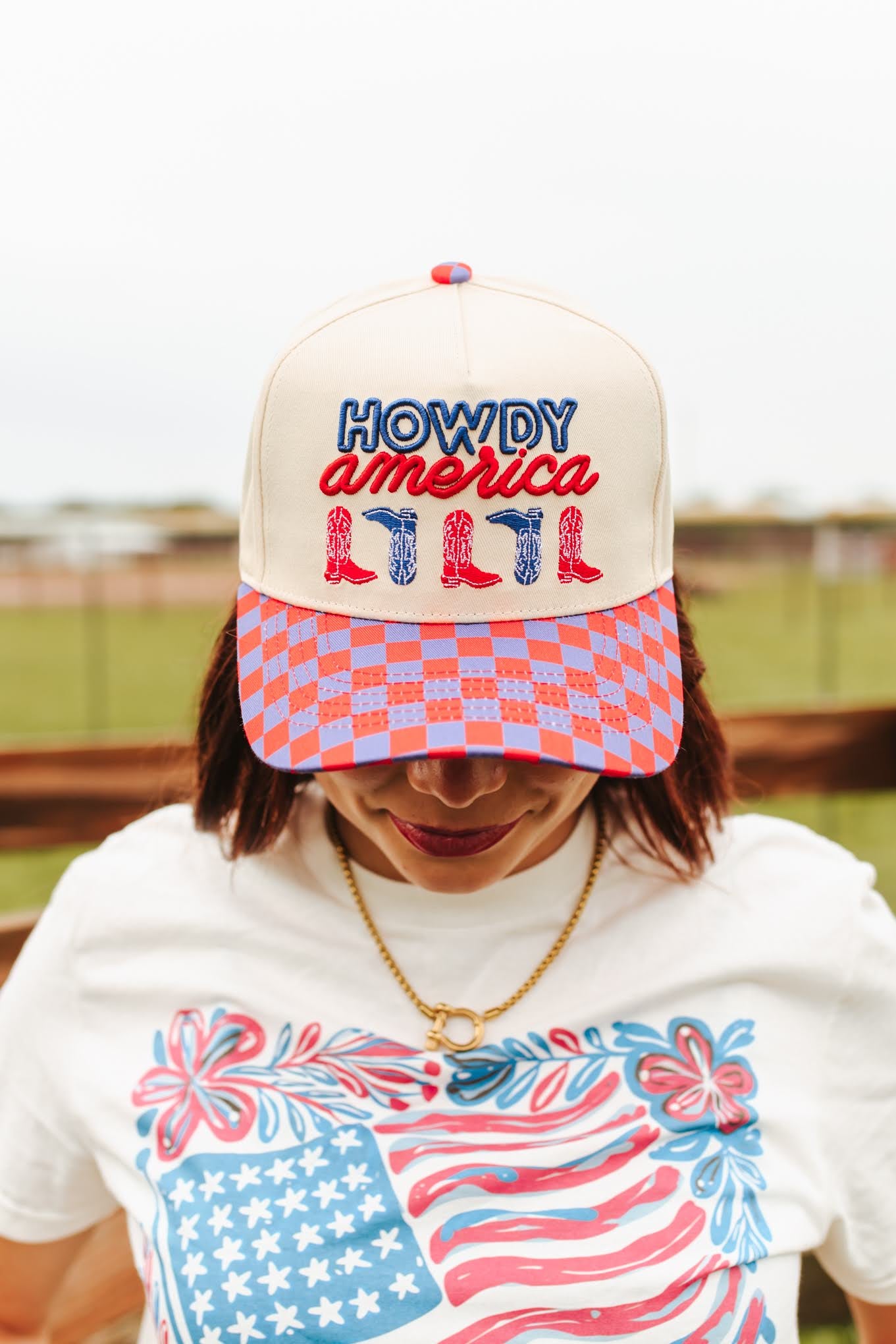 Checkered Howdy America Embroidered Trucker Hat