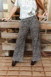 High-Rise Leopard Wide Leg Frayed Hem Pants