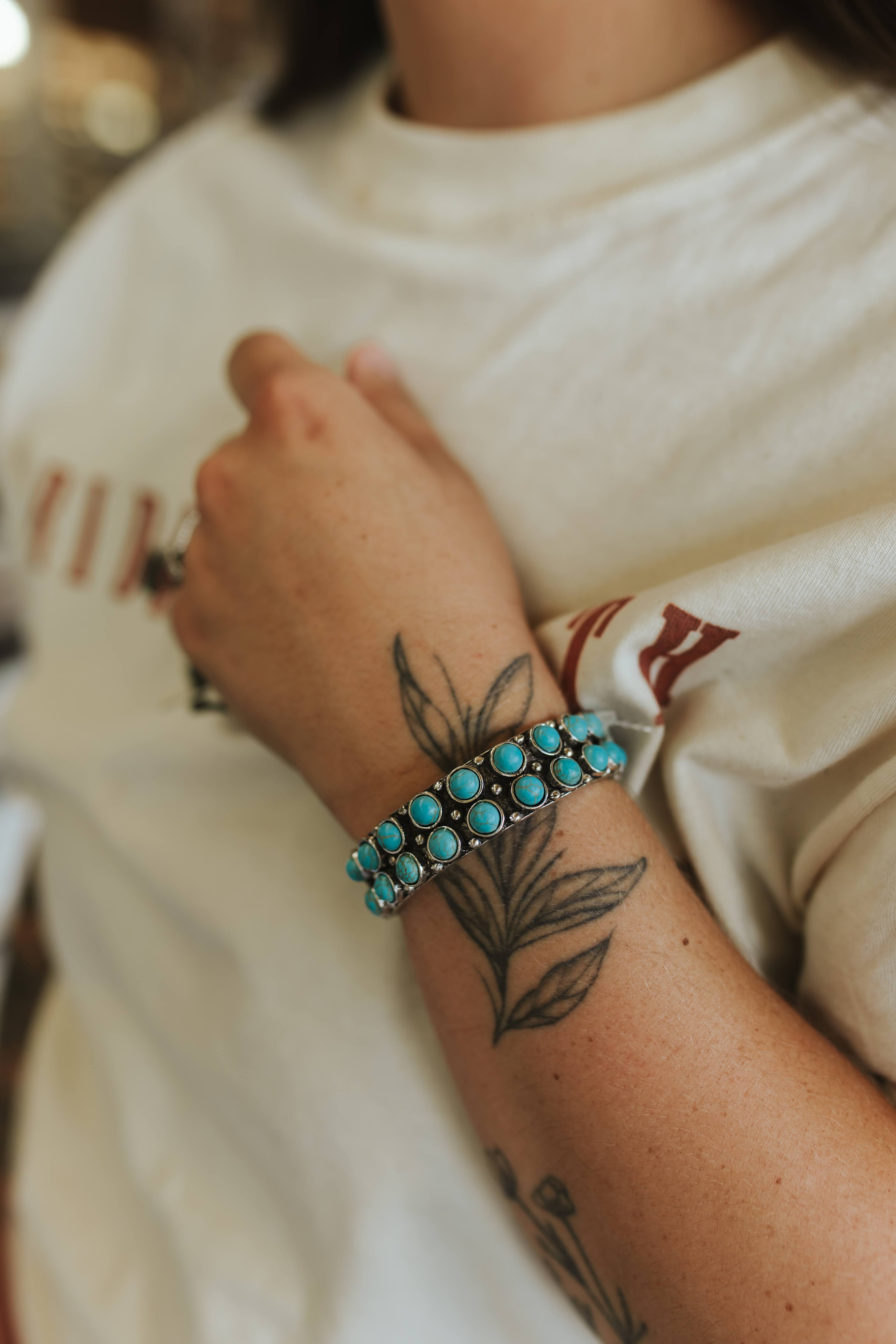 Turquoise Stone Pave Open Cuff Bracelet