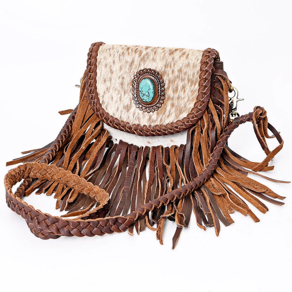 Turquoise Accent Braided Cowhide Crossbody Bag