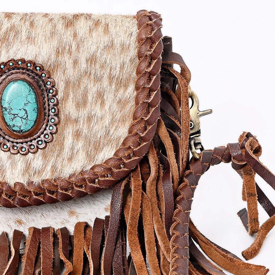 Turquoise Accent Braided Cowhide Crossbody Bag