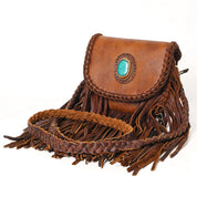 Turquoise Accent Braided Leather Fringe Crossbody Bag