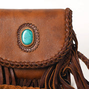 Turquoise Accent Braided Leather Fringe Crossbody Bag