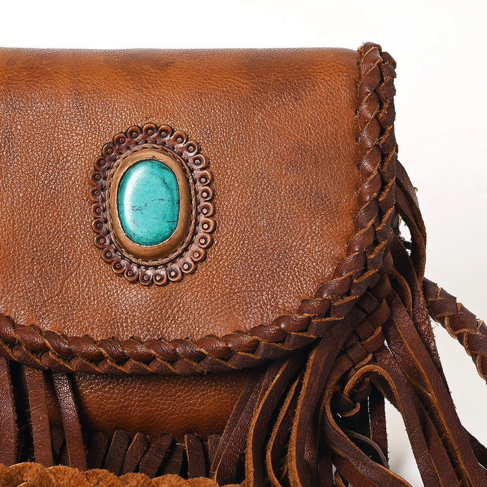 Turquoise Accent Braided Leather Fringe Crossbody Bag