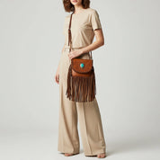 Turquoise Accent Braided Leather Fringe Crossbody Bag