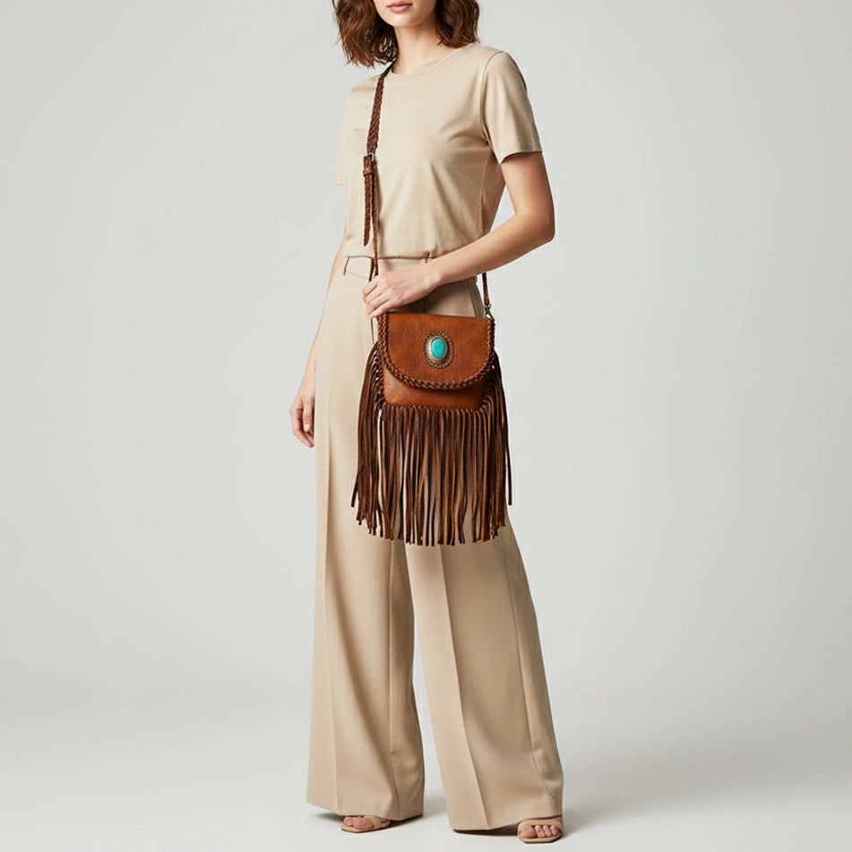 Turquoise Accent Braided Leather Fringe Crossbody Bag