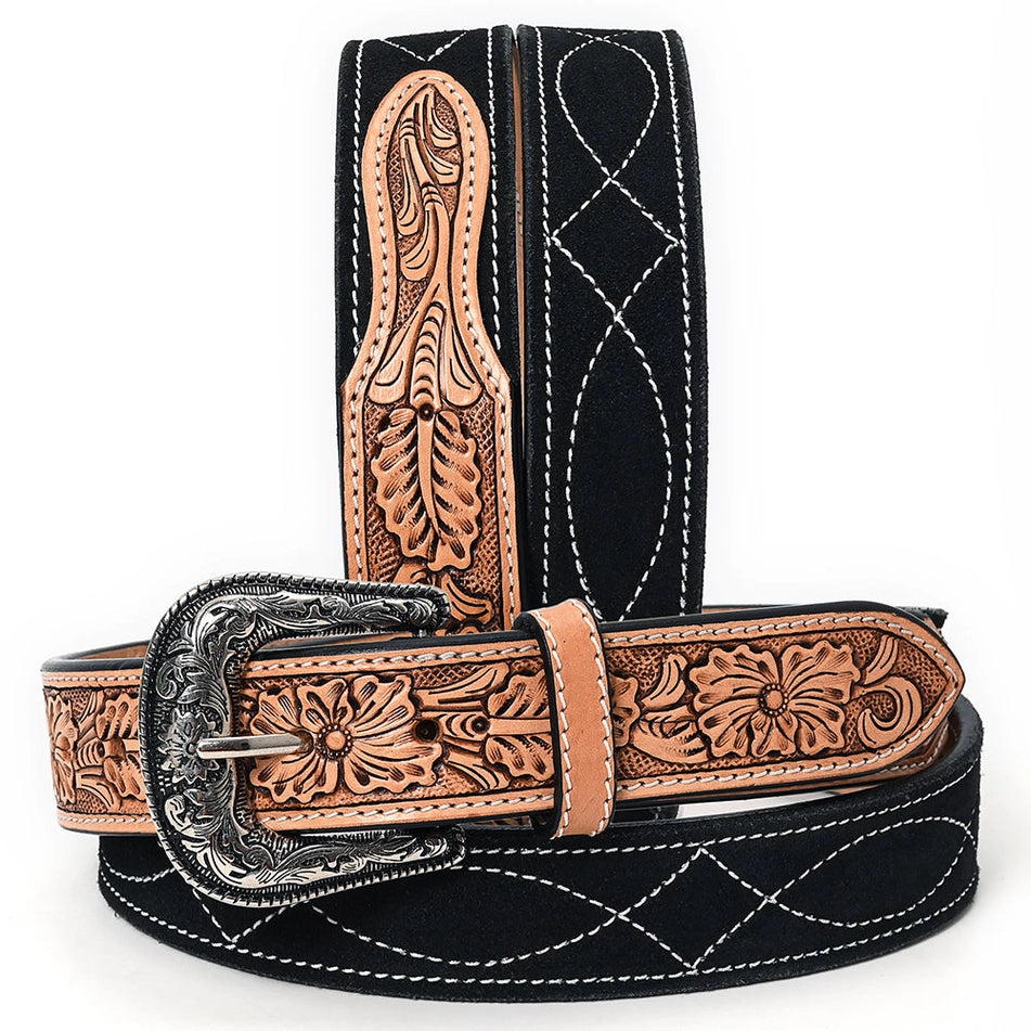 Hand-Tooled Floral Leather & Suede Belt