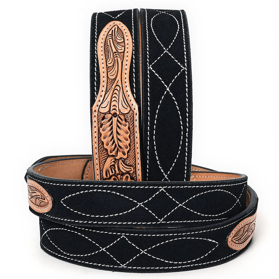 Hand-Tooled Floral Leather & Suede Belt