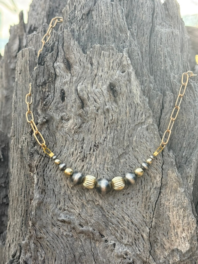 Two-Tone Corrugated Beaded Paperclip Chain Necklace