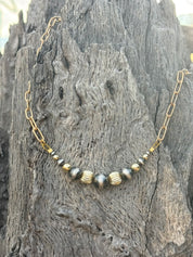 Two-Tone Corrugated Beaded Paperclip Chain Necklace