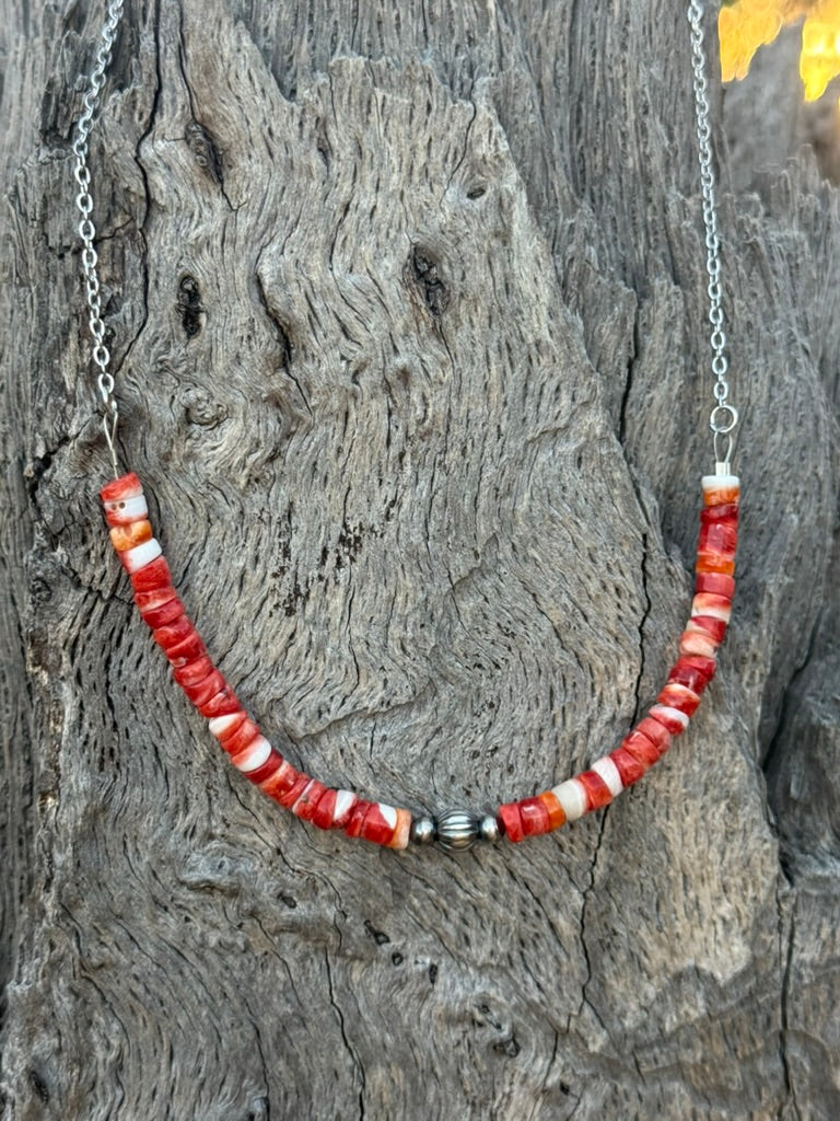 Red Spiny Heishi Beaded Chain Necklace
