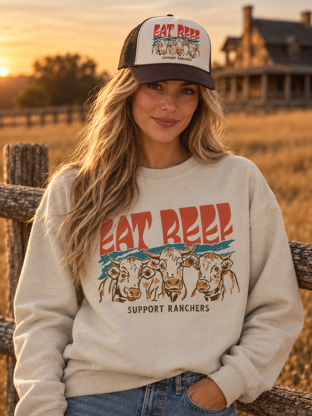 Eat Beef Support Ranchers Graphic SweatshirtSand