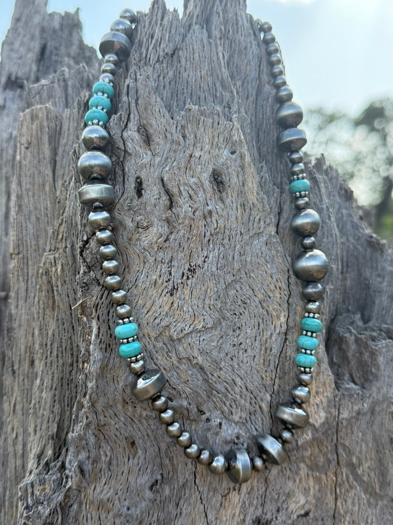 Turquoise Rondelle & Silver Beaded Necklace