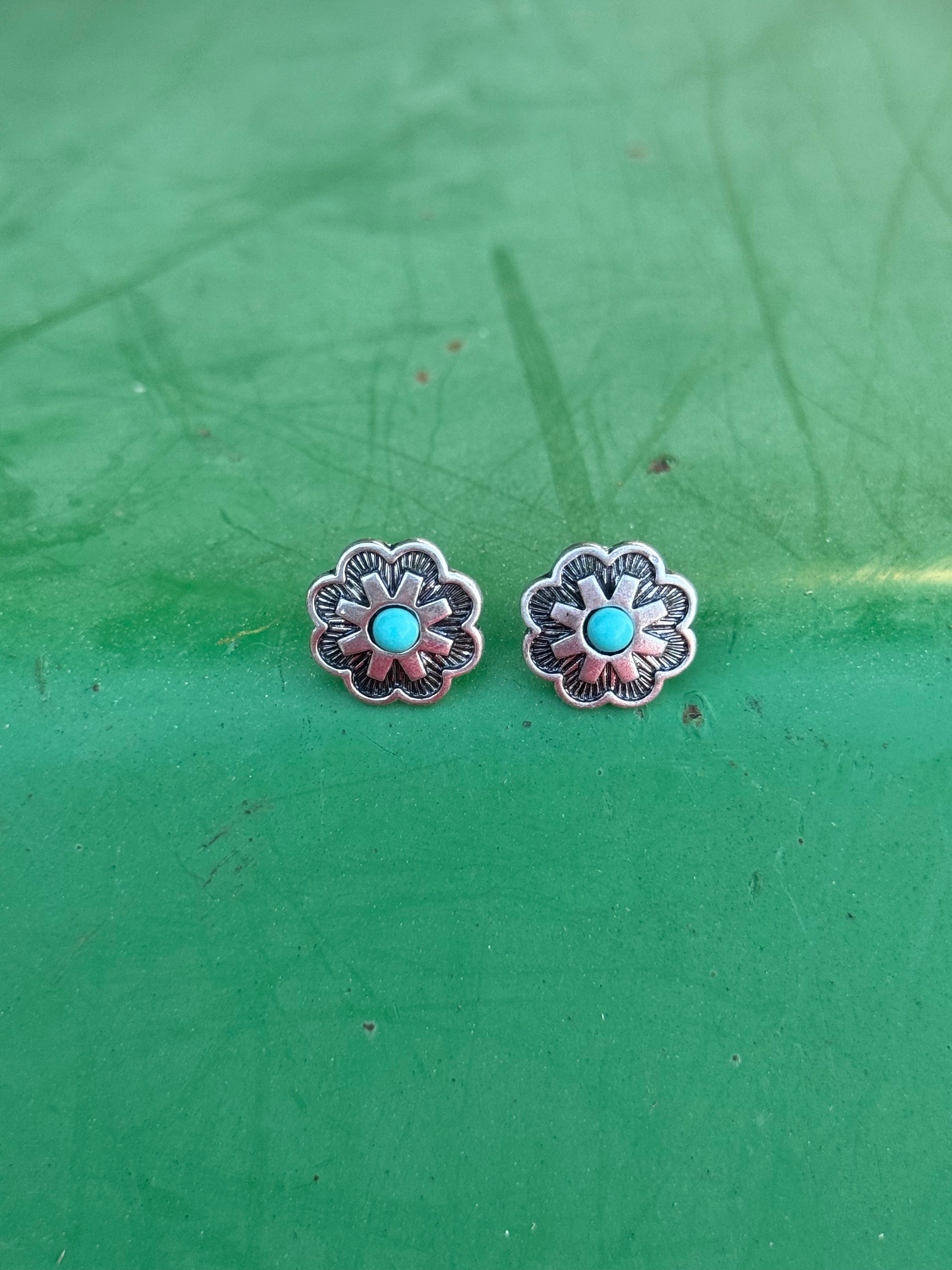 Turquoise Bloom Concho Stud Earrings