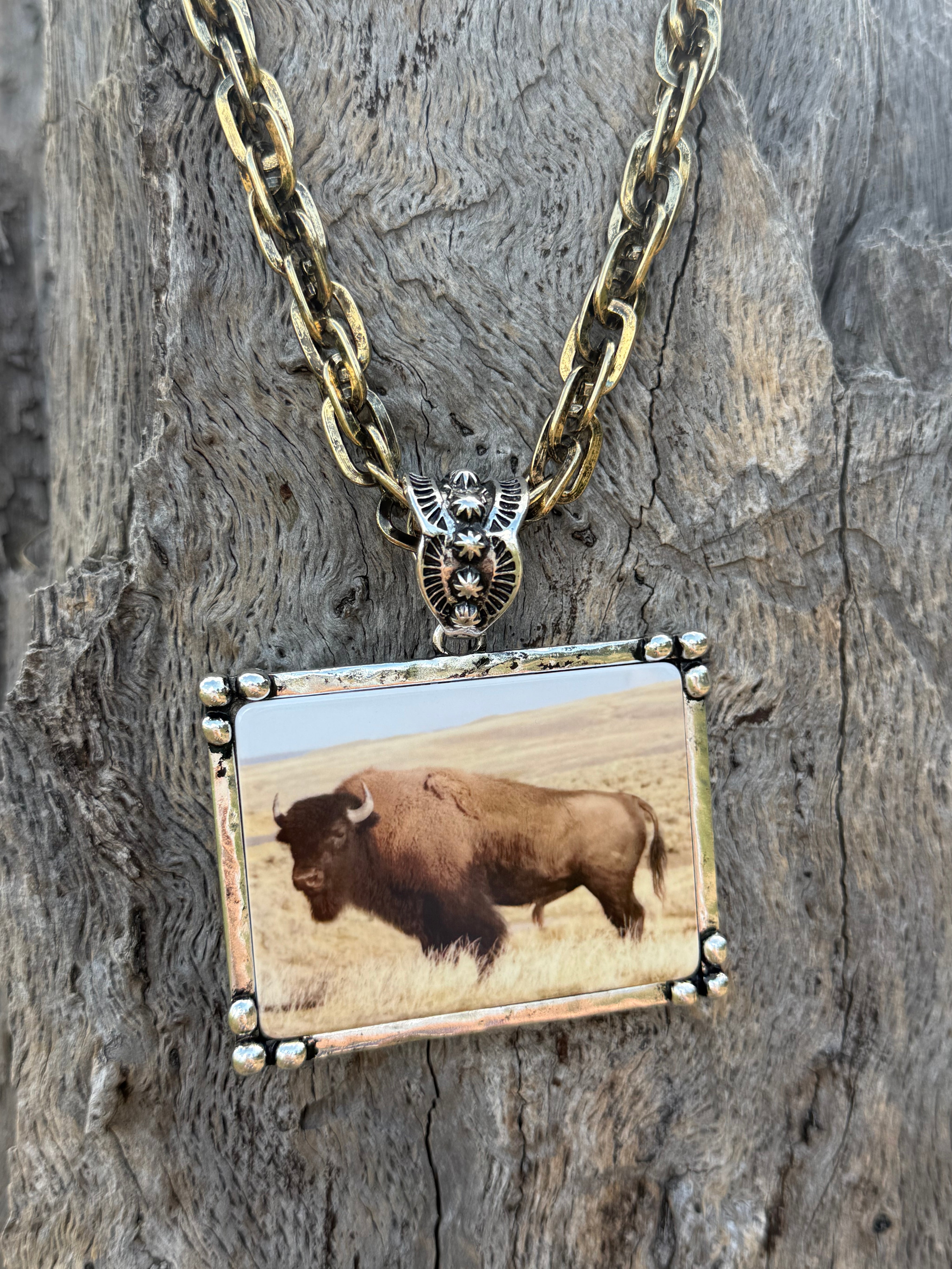 Buffalo Art Tile Gold Link Chain Necklace