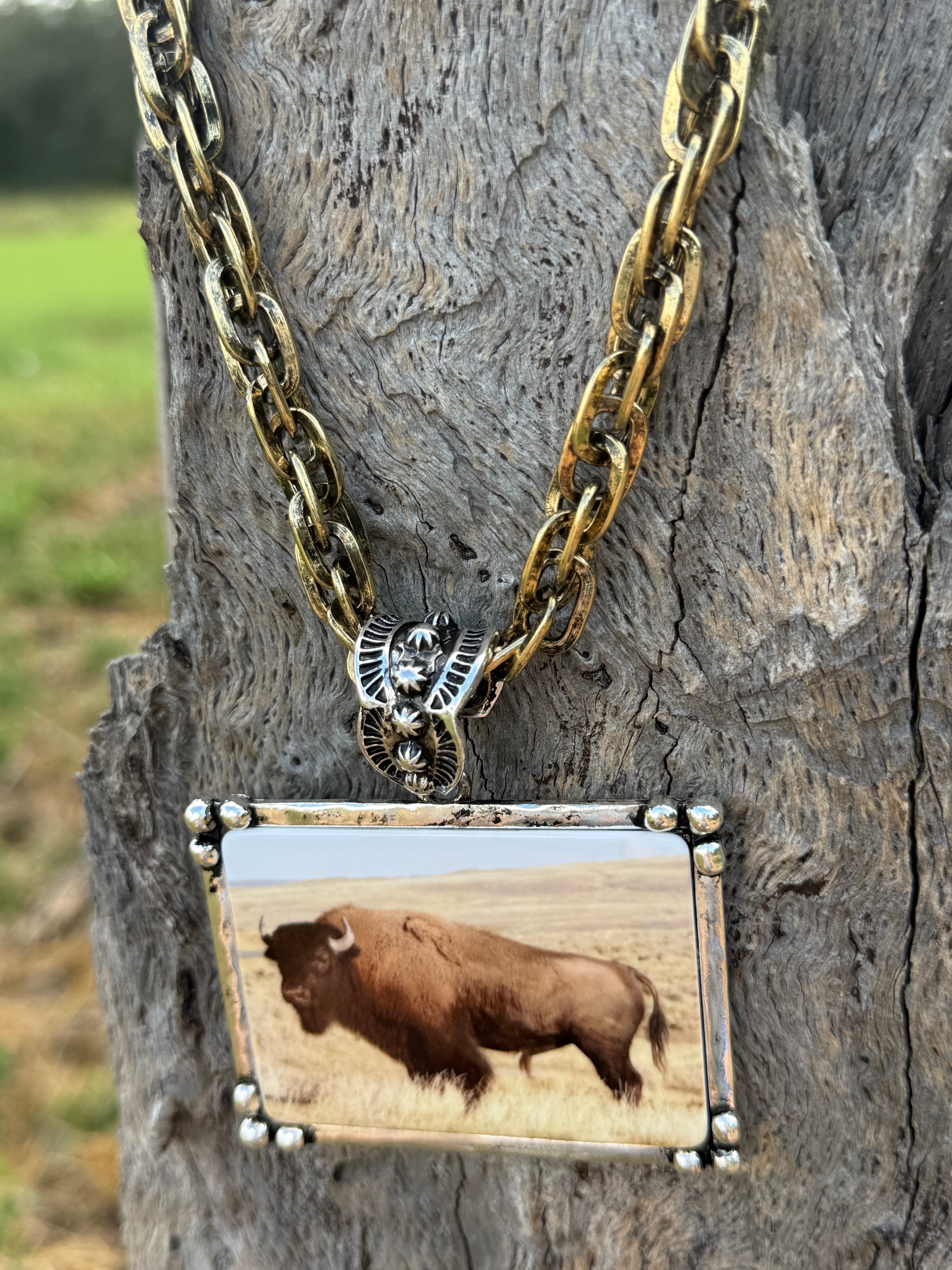 Buffalo Art Tile Gold Link Chain Necklace