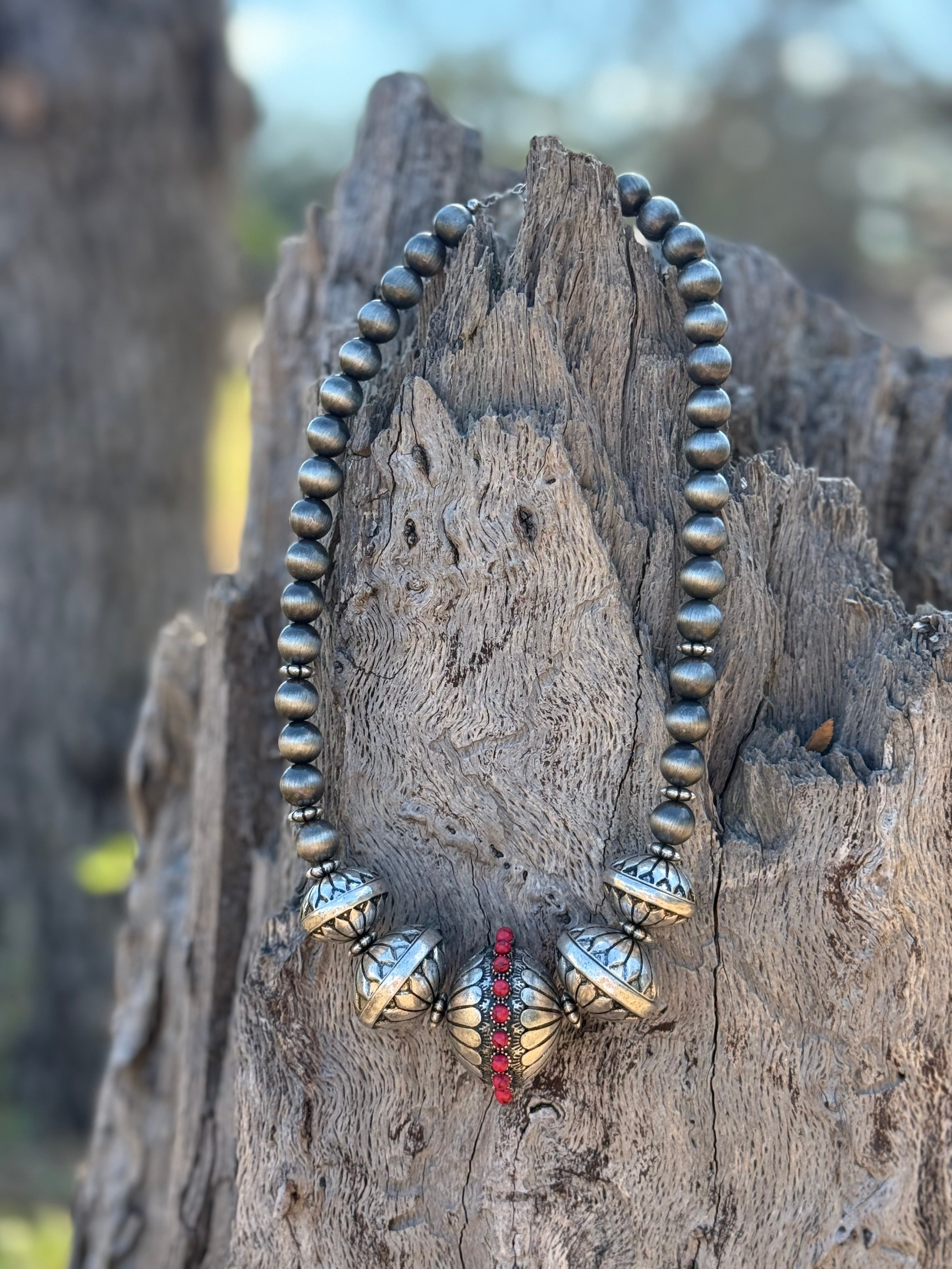 Large Red Stone Saucer Beaded Necklace