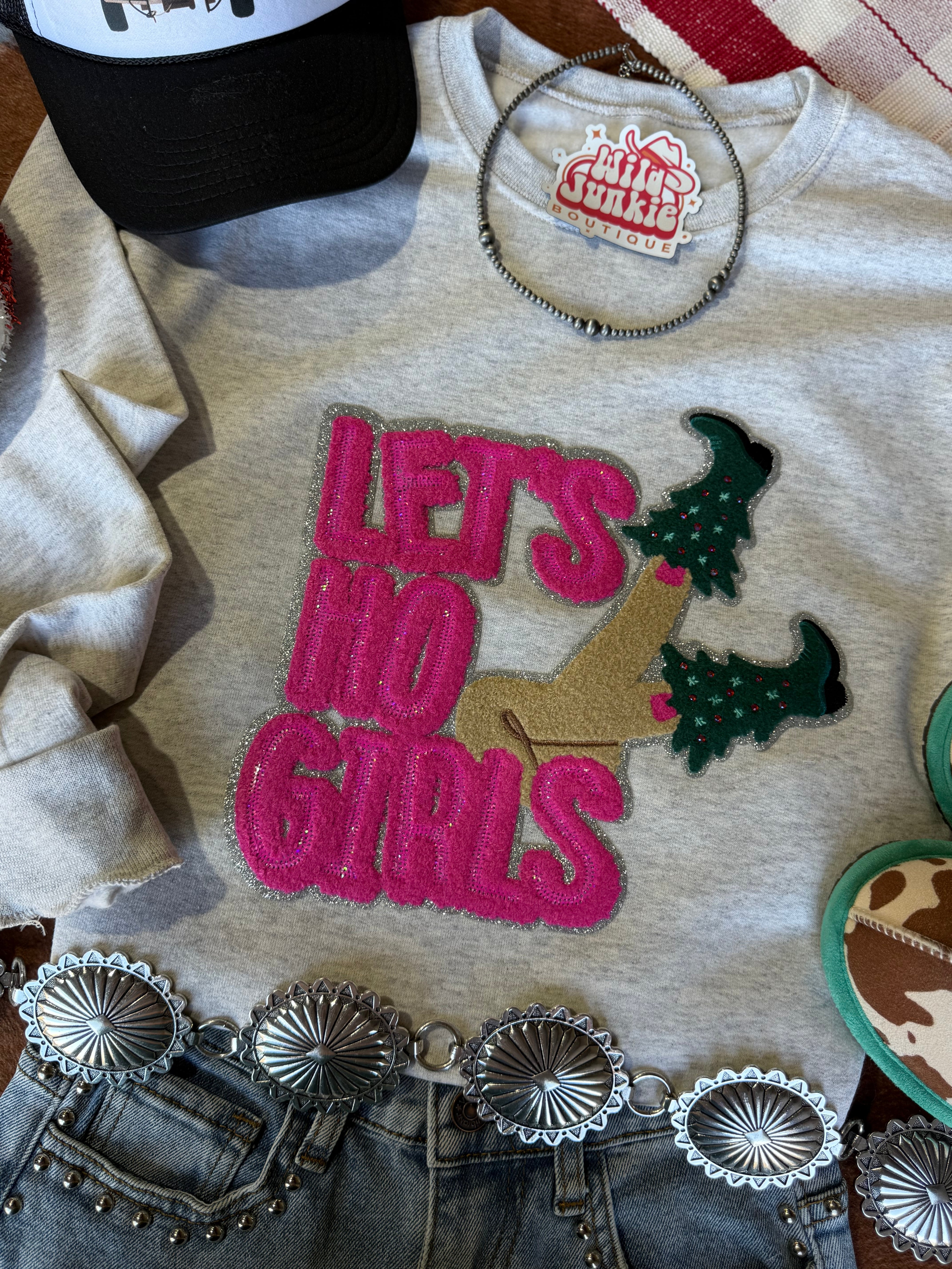 Let's Ho Girls Christmas Glitter Embroidered Patch Sweatshirt