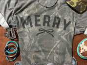 Tree Camo Merry Christmas Black Bow Graphic Tee