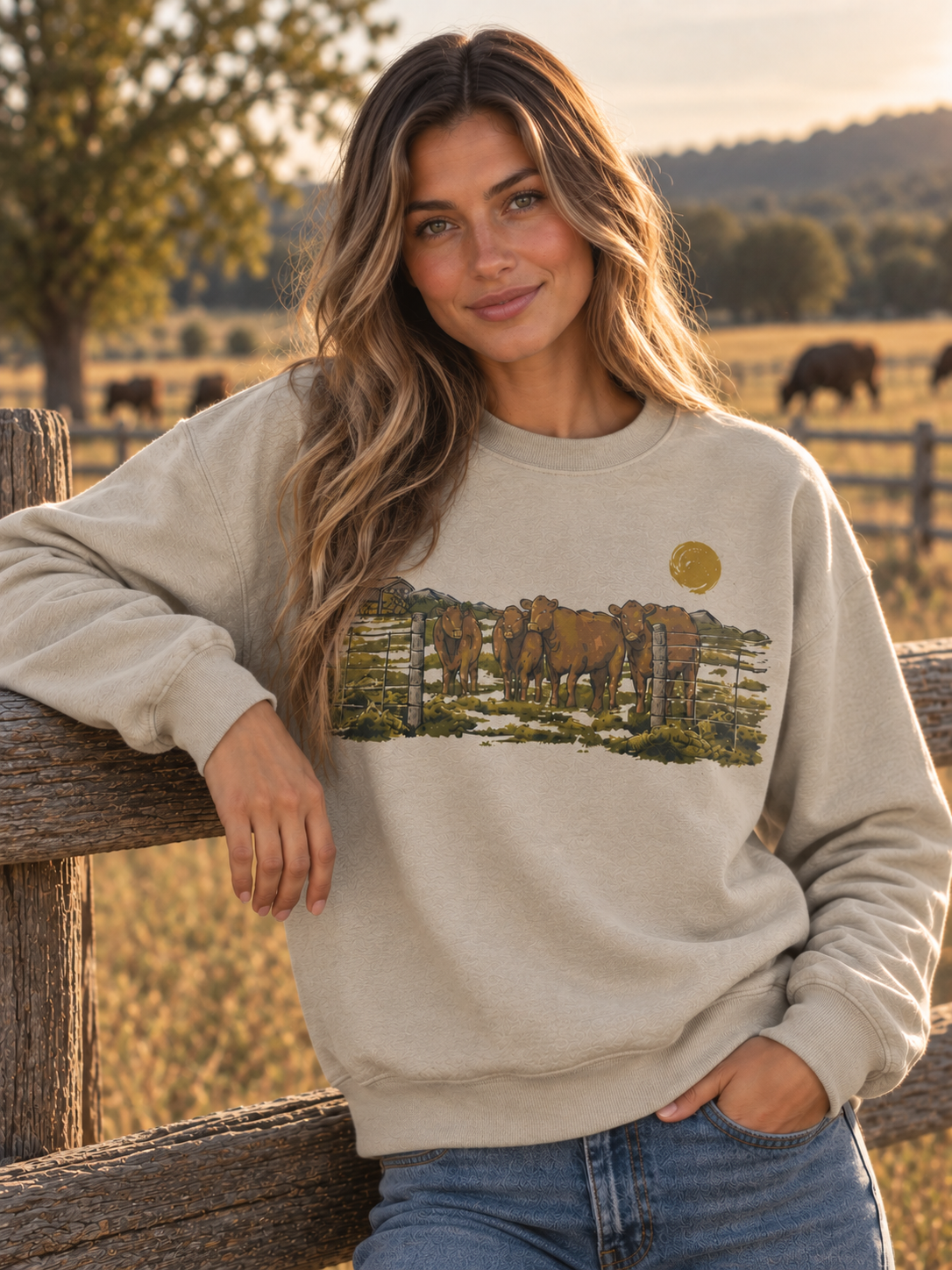 Pasture Angus Cattle Graphic SweatshirtSand