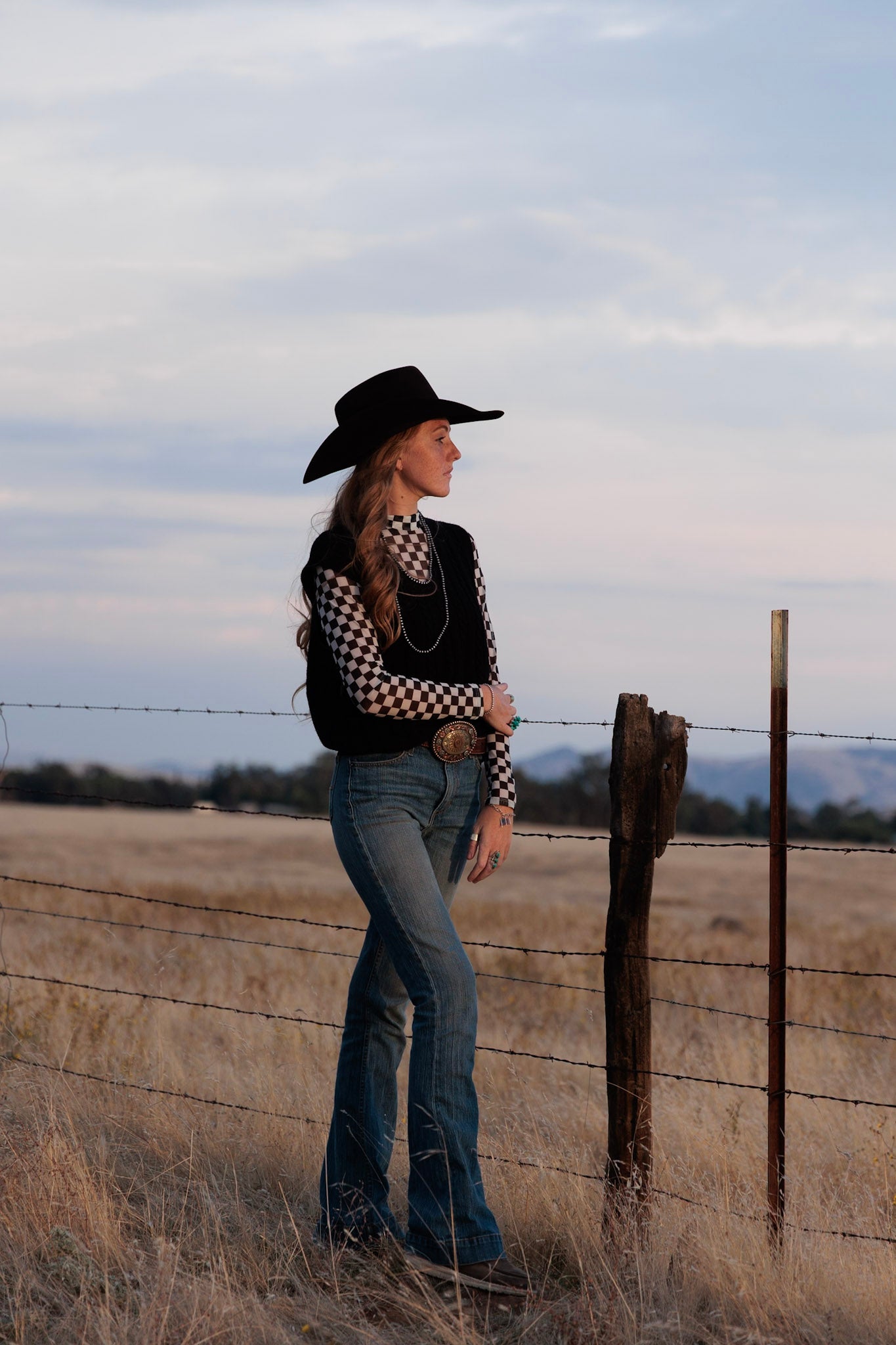Checkered Long Sleeve Mesh Top