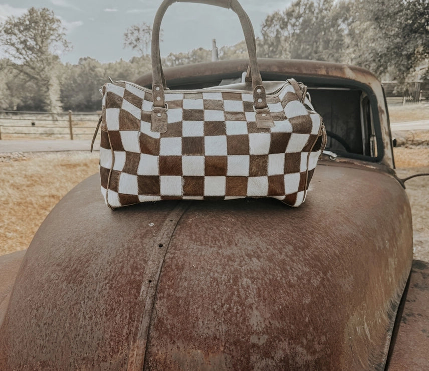 Outlaw Checkered Cowhide Duffel Bag - Brown