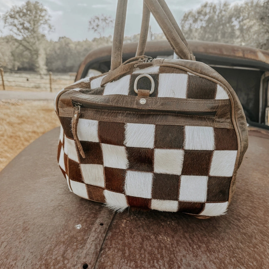 Outlaw Checkered Cowhide Duffel Bag - Brown