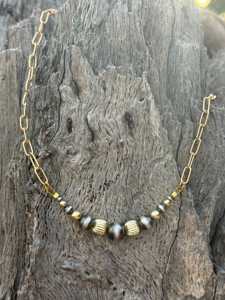 Sterling Silver Two-Tone Corrugated Beaded Paperclip Chain Necklace