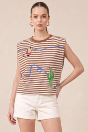 Desert Trails Embroidered Striped Muscle Tank
