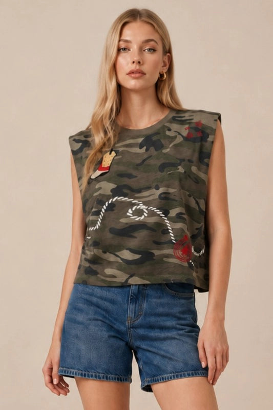 Wild West Embroidered Camo Crop Muscle Tank