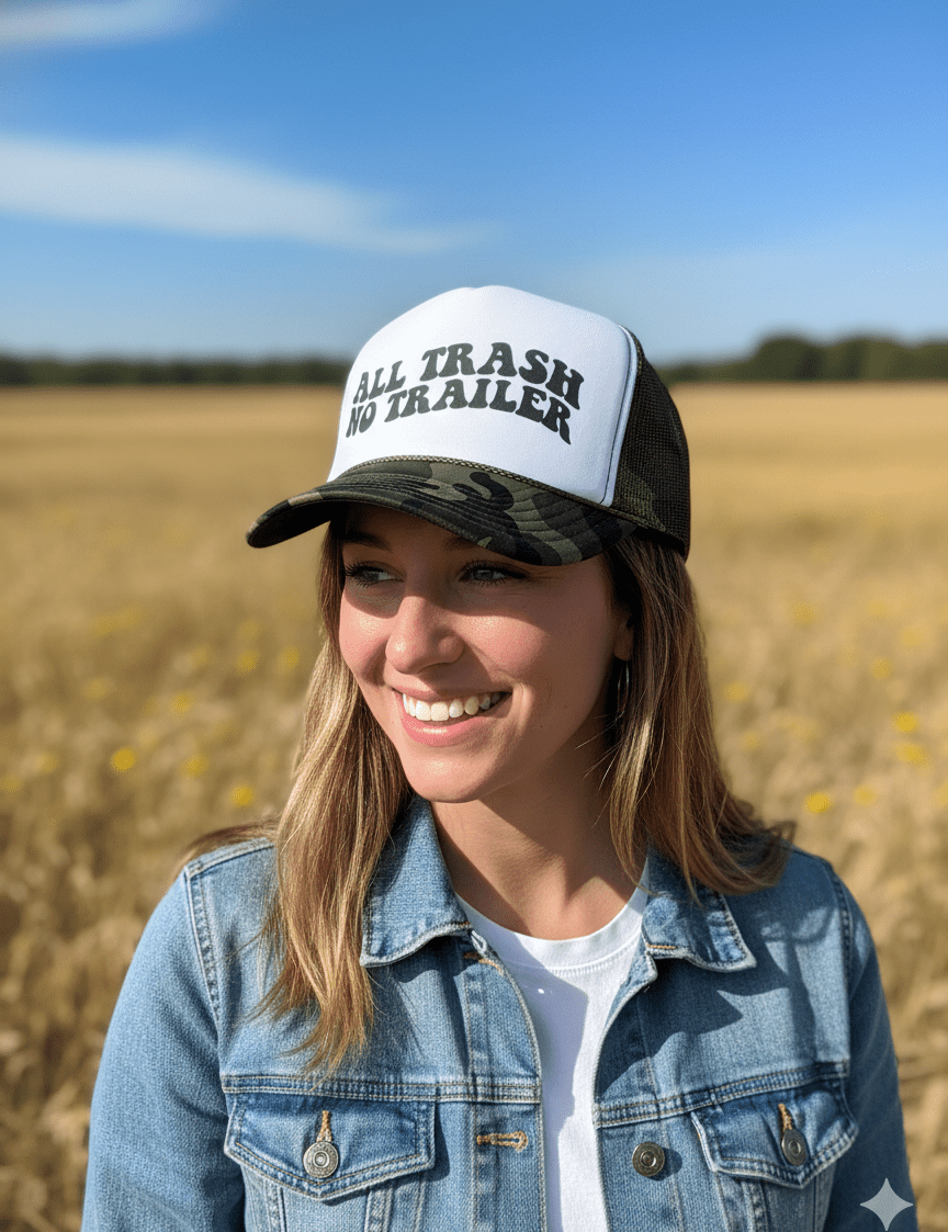 All Trash No Trailer Camo Trucker HatCamo & White